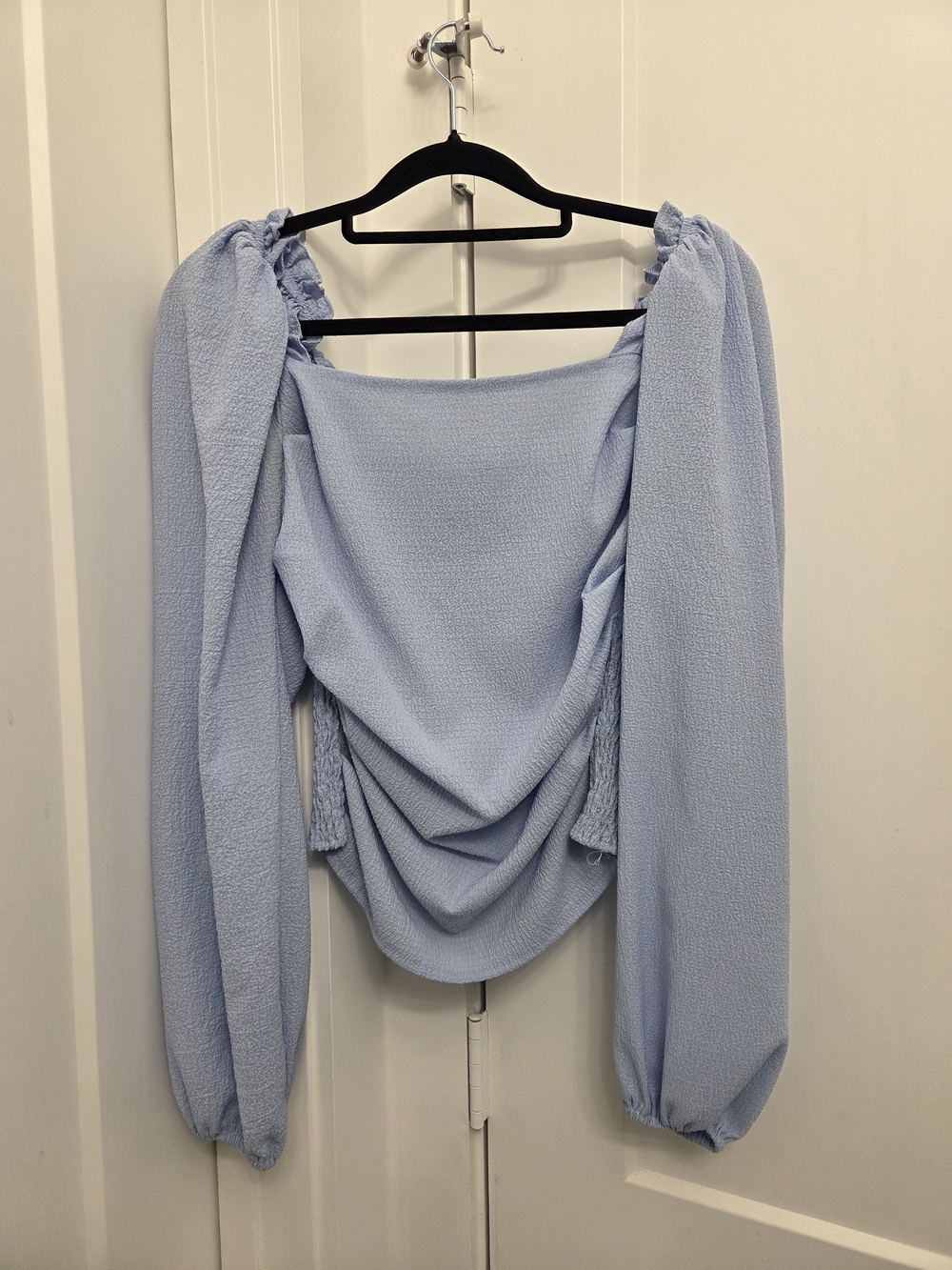 Light Blue Long Sleeve Draped Blouse - Women